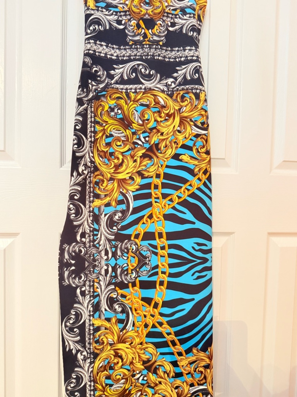Marciano Turquoise, Black & Gold Chain-Print Sleeveless Maxi Dress - Picture 9 of 9